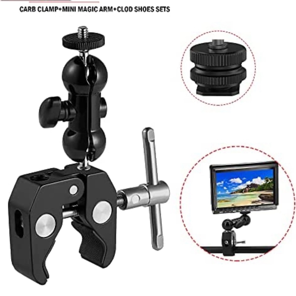 Camera Dual Ballhead Monitor Mount + Super Clamp Mount + Hotshoe 1/4" Screw